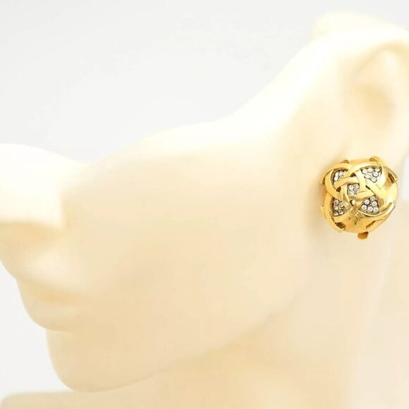 CHANEL CC Logos Rhinestone Round Clip-On Earrings Gold Tone 23 Auth w/Box q11447 - Picture 7 of 16